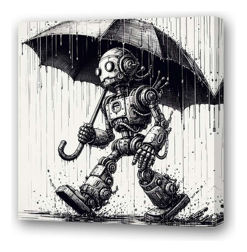 Cuadro 20x20cm Robot Paraguas Lluvia Dibujo Rain Walk M4