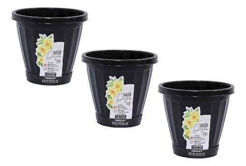 Kit 3 Vasos Cachepot P/ Plantas Flores C/ Prato N13 Preto