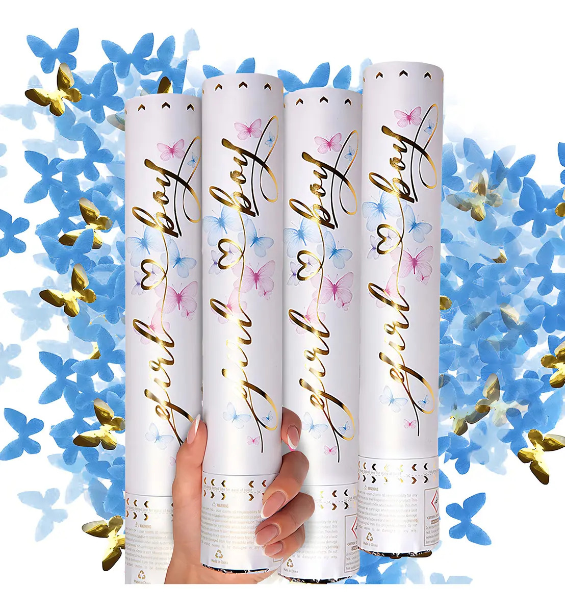Pack de 4 Cañones de Confeti de Mariposa Azul y Dorado para Fiesta