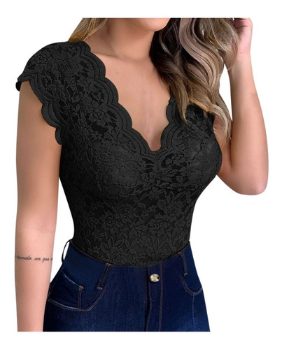 2z Body Sin Mangas Con Cuello En V Para Mujer De Encaje Sóli
