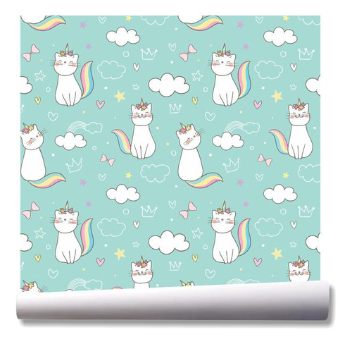 Papel De Parede Unicórnio Gato Arco Íris Kit 02 Rolos A110