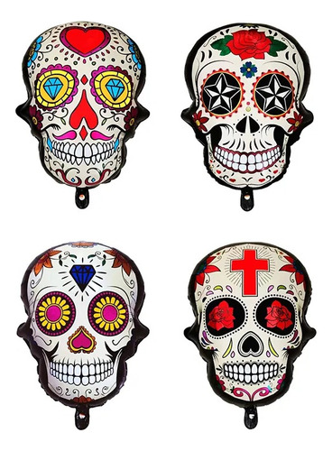 Pack 4 Globos Metalizado Calaveras Mexicana Cabeza Halloween