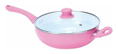 Wok Sarten 26 Cm Ceramica Antiadherente C/ Tapa Vidrio Rosa