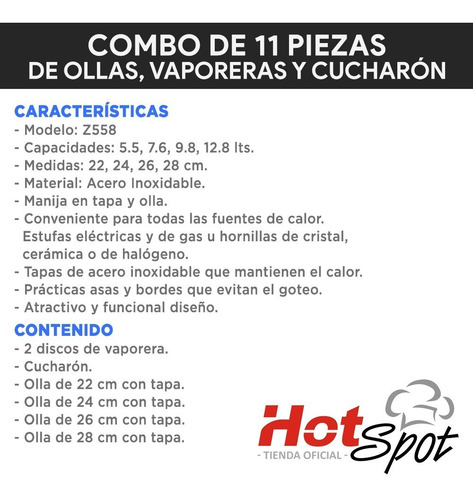 Imagen 3 de 6 de Batería 11 Piezas Ollas Vaporeras Cucharón Hot Spot Cocina