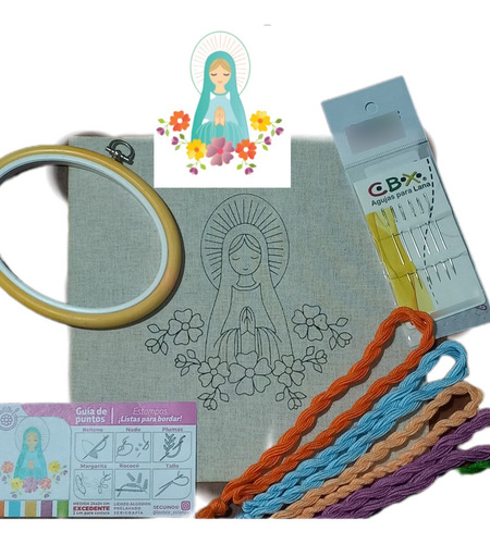 Kit De Bordado Con Tela De 20 X 20 Cm, Agujas,lanas,bastidor Virgencita