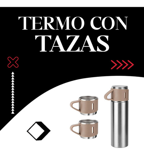 Termo Bebidas Frias Y Caliente + 3 Tazas En Acero Inoxidable Beige