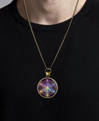 Collar Con Dije Amuleto Hexagrama Cubo De Metatrón Ocre