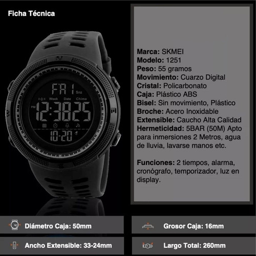 Reloj Skmei Resistente Al Agua Cronómetro Alarma Fecha 1251