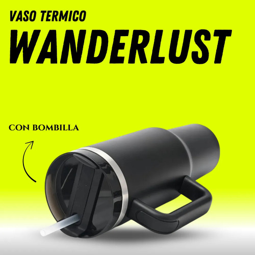 Vaso Térmico Wanderlust Color Negro Con Bombilla 1200ml Acero Inoxidable Aislado Doble Capa Tapa Hermética Estilo Moderno Ideal Para Mate Café Jugos Viajes Trabajo Uso Diario