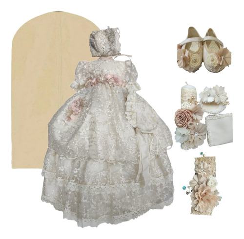 Hermoso Set Bautizo Niña, Ropon Diadema Set De Vela Zapatos