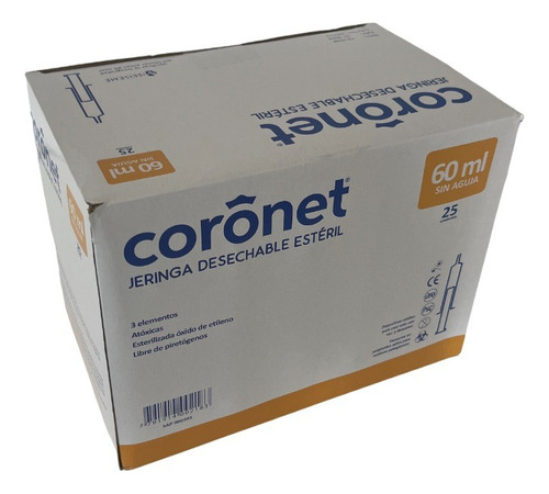 Jeringa Estéril 60 Ml. Coronet Sin Aguja Pico Liso X 25 Un. Capacidad En Volumen 60 Cc