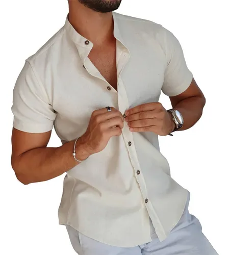 Camisa Social Masculina Gola Padre Linho Premium Moda Luxo