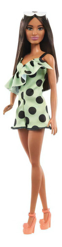 Boneca Barbie Fashionista Morena Vestido Verde Bolinhas