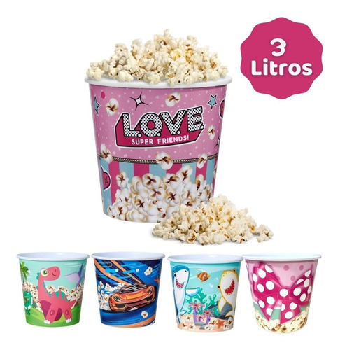 Balde De Pipoca Infantil Decorado 3 Litros Usual Utilidades Cor Rosa Love