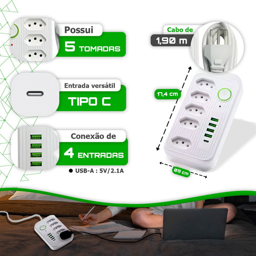 Extensão Prime Cabo 5 Tomadas 4 Usb + Tipo C