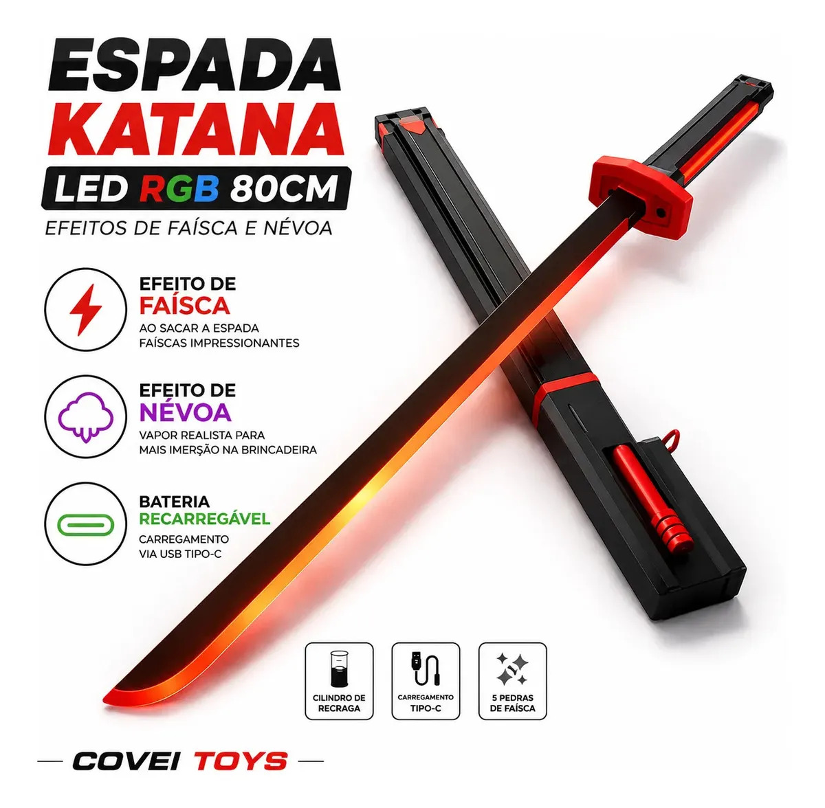 Espada Katana Ninja Sabre De Luz Led RGB 80cm Com Efeitos De Faísca E Névoa Presente Infantil Covei Toys