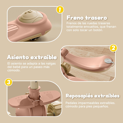 Scooter Infantil 5 En 1 Asiento Agarradera Ajustable Plegabl Coral