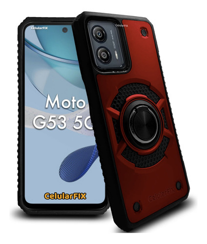 Funda P/ Motorola G53 5g Rudo Anillo Giratorio, Mica Color Rojo