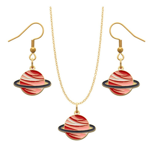 Kit Collar Y Aretes Saturno Planeta Regalo Amor Cadena Dije Naranja