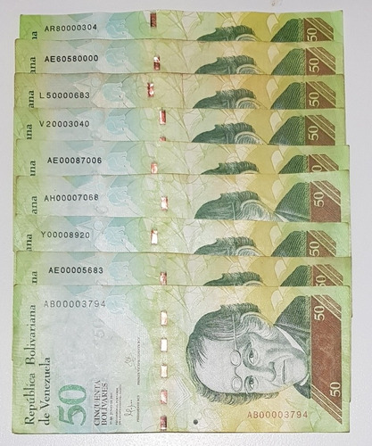 9 Billetes De 50 Bolivares, Con Seriales Bajos. 