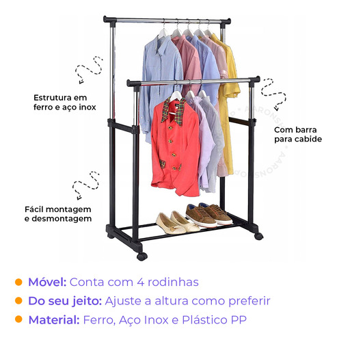 Cabideiro Arara Dupla Aço Inox Com Rodas E Fácil De Montar