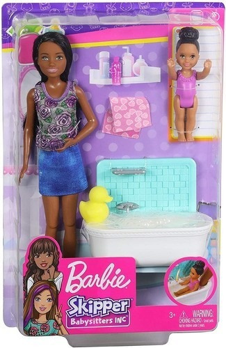Boneca Barbie Skipper Babysitters Negra Com Banheira E Bebê