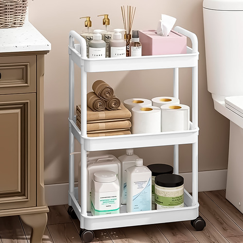 Carrito Organizador Multiusos De 3 Niveles Con Ruedas Giratorias 360° Material Plástico Y Ganchos Laterales Para Cocina, Oficina, Baño, Cuarto De Lavado Color Blanco