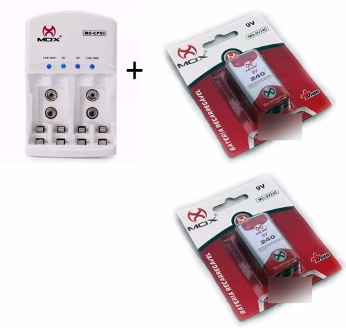 2 Baterias Recarregável 9v 240mah Mox + 2 Carregador Rápido