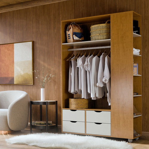 Guarda Roupa Closet De Solteiro Com 4 Gavetas E Nichos Roupeiro Com Cabideiro Para Quarto Cor Nature Off White