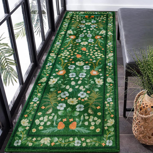 Alfombra De Pasillo Lavable Bohemia Color Verde 2x6