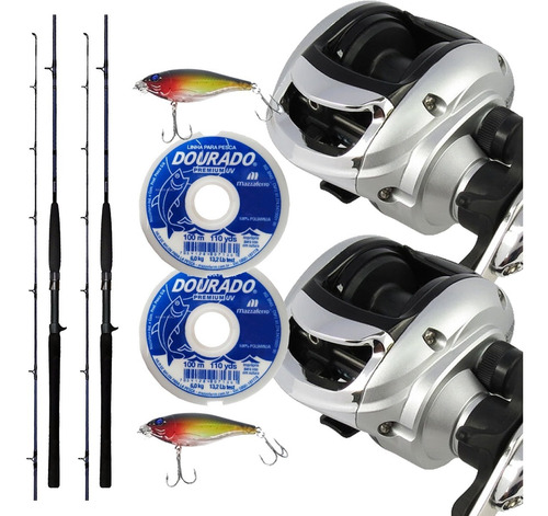 Kit 2 Carretilhas Arena 2 Monofilamento 2 Varas 10kg 2 Iscas