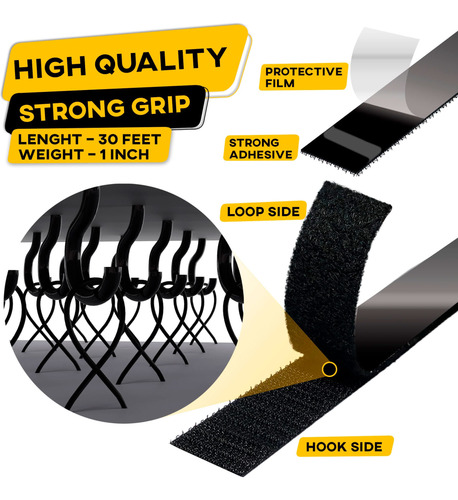 Cinta De Velcro Adhesiva Negra, 1 Pulgada X 9 Metros
