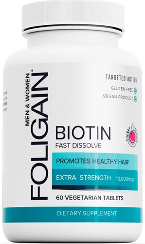 Foligain Biotina / Biotin Para Engrosamiento Del Cabello 10,000mcg Rápida Disolución Sabor A Cereza 60 Tabletas Comprimidas Vegetarianas