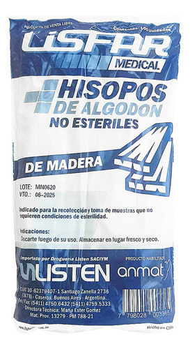 Hisopos Madera Largos Lisfar (15 Cm) No Estéril Pack X 100