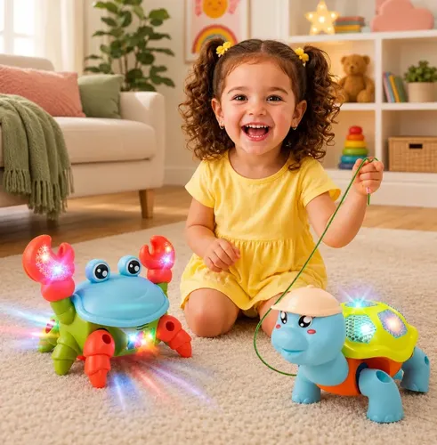 Kit Brinquedo Caranguejo Fujão + Tartaruga Dançante Som Luz