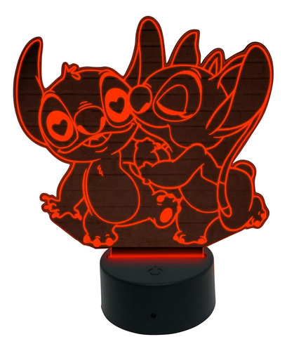 Luminária 3d Led Abajur Lilo Stitch Angel Cúpula Base Preta Ou Branca Estrutura Led Ajuste De 7 Cores 127/220v