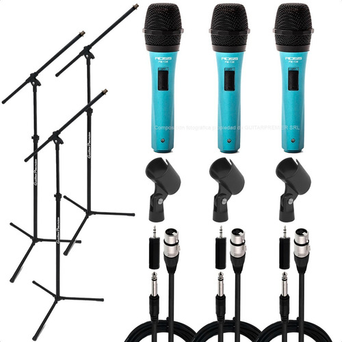 3 Microfonos Dinamicos 3 Pies 3 Pipetas 3 Cables 3 Adaptador