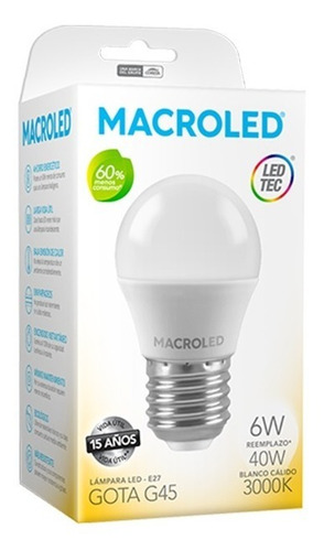 Foco led Macroled G45-6-E27 Gota color blanco cálido 6W 180V/240V 3000K 540lm