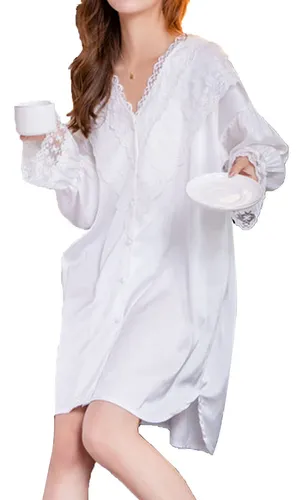 comprar Camisa Para Mujer Encaje Manga Larga Cuello V Camison Boton