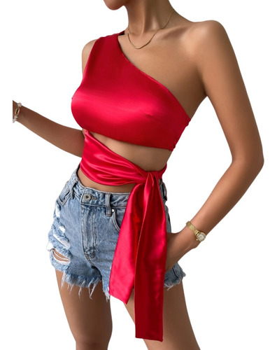 Top Casual Blusa Satin Corto Sexy Rojo Mujer