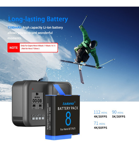 . Azuresea 3x Baterías Y Cargador Kit Para Gopro Hero 8 7 6
