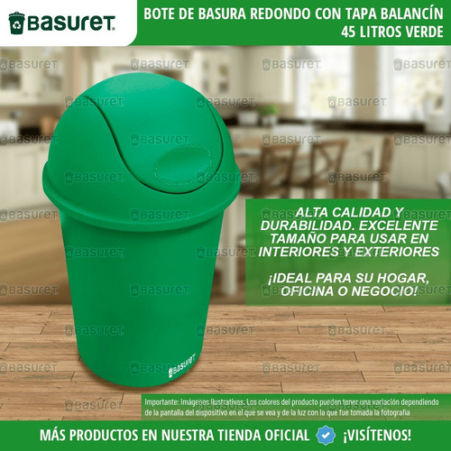 Imagen 4 de 5 de Bote Para Basura Balancín Redondo Verde 45 Lt