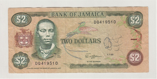 Billete Jamaica 2 Dólares 1989 Pk69 (c85)