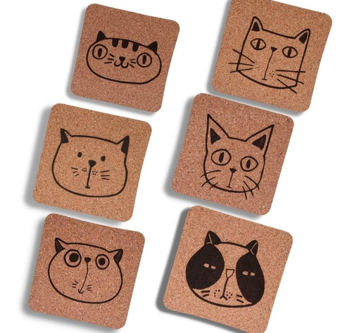 Portavasos De Corcho Cat Faces (set X 6 Puestos)