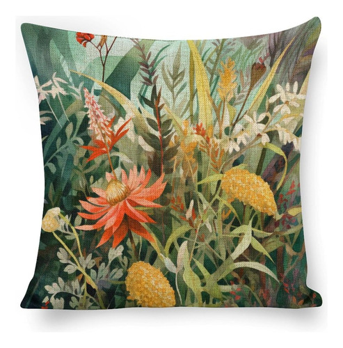 Funda De Almohada De Lino De 18x18 Pulgadas Con Flores Acuar