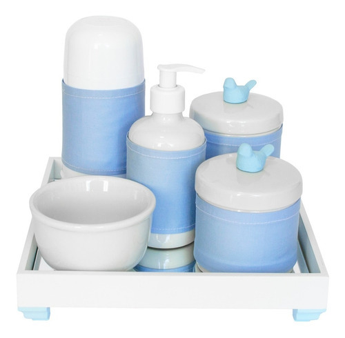 Kit Higiene Bebê Pote Porcelana Bandeja Espelho Ursinho Azul Cor Passarinho