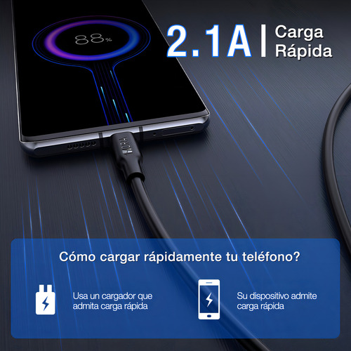 Cable Usb Tipoc 2 Metros 2.1a Carga Y Datos Compatiblenegro
