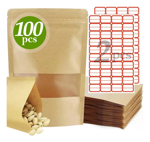 100 Bolsas Stand Up Pouch Kraft Con Ventana Para 60g