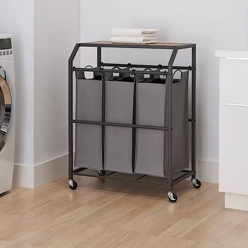 Organizador Ropa Sucia Con Ruedas , Carrito Lavandería Color Gris Oscuro Lisa