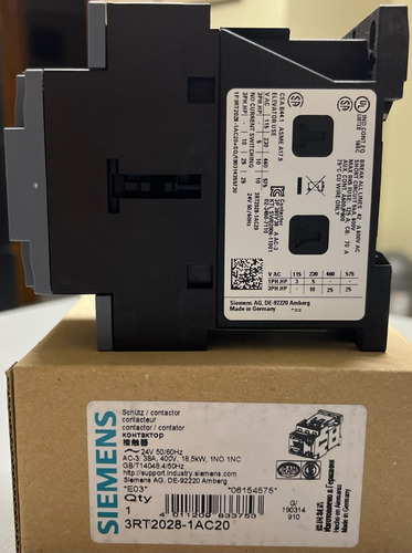 Contactor 3rt2028, 38a Ac-3, 18.5kw/400v Bobina 24vca S0 1na